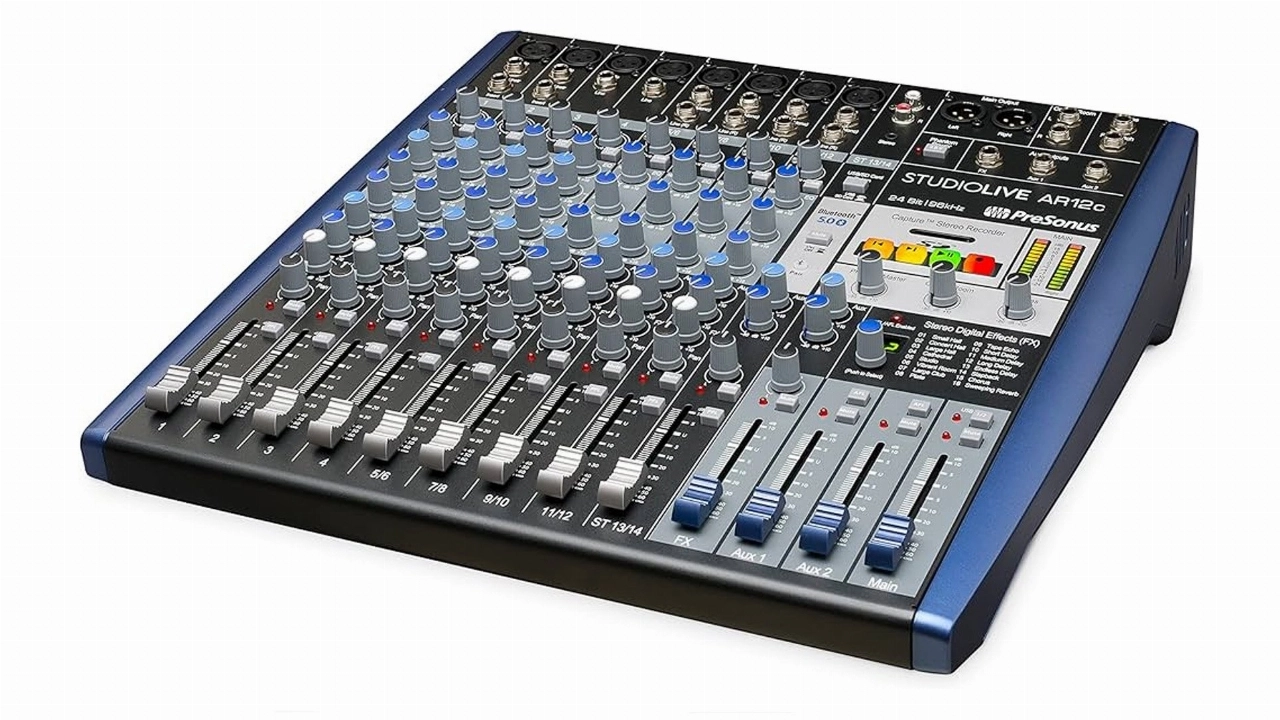 A close up photo of the Presonus StudioLive AR12c mixer